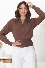 Jamerson Jumper - Collared V Neck Ribbed Hem Jumper in Brown