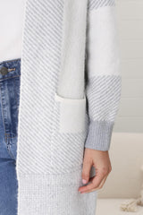 Cristo Cardigan - Colour Block Herringbone Open Knit with Balloon Sleeves in Grey