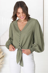 Amber Top - Button Down with Tie Detail Top in Green