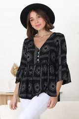 Hills Blouse - Buttoned Bodice Rick Rack Detail Smock Blouse in Astra Print Black