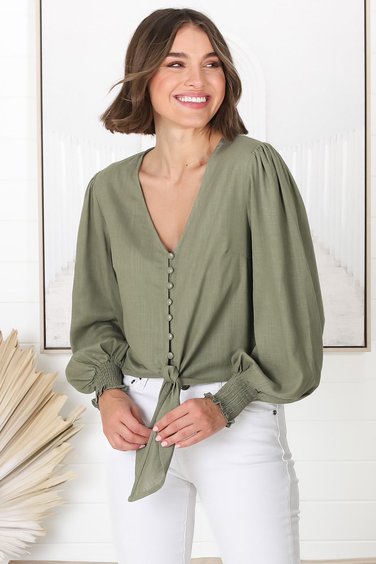 Amber Top - Button Down with Tie Detail Top in Green