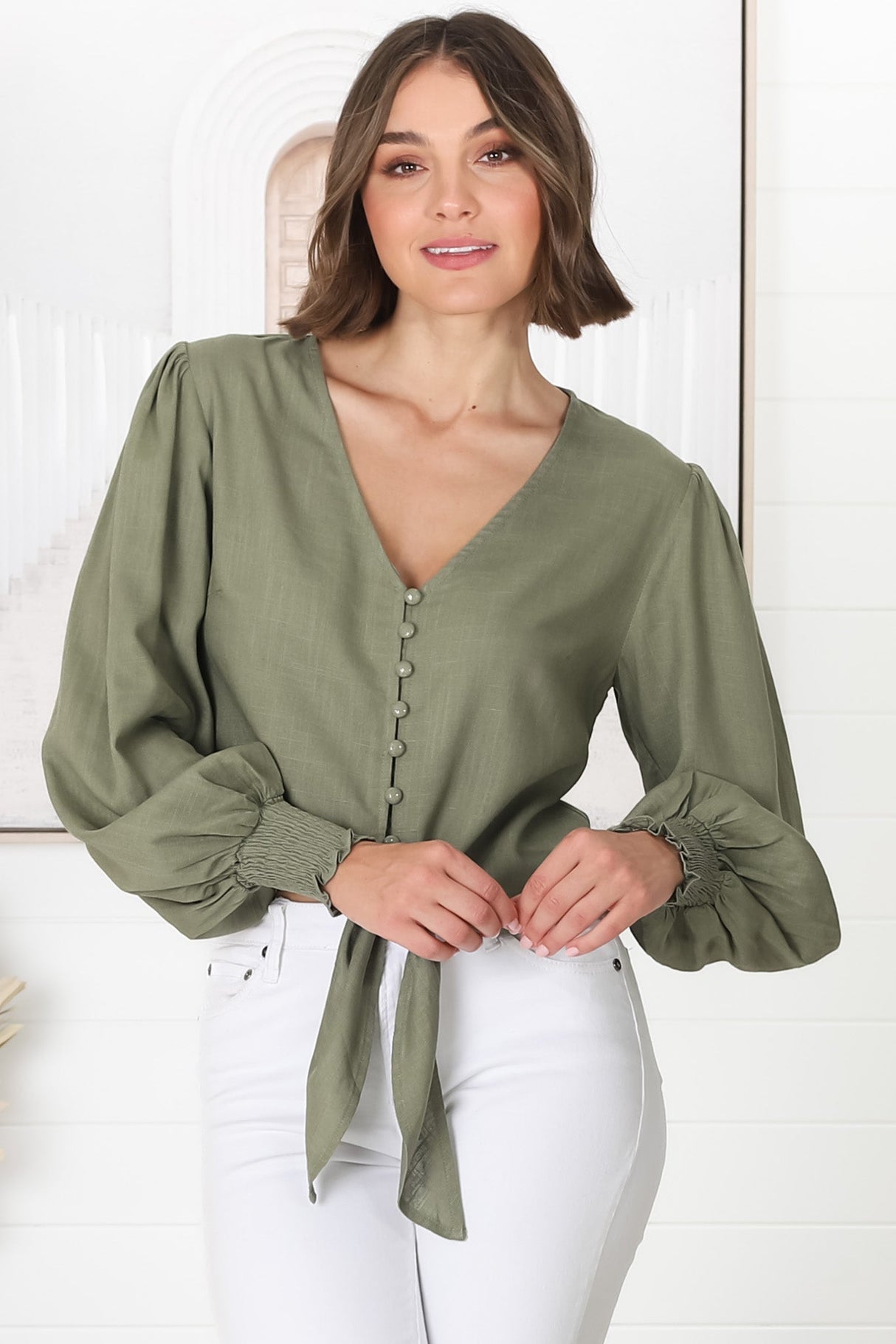 Amber Top - Button Down with Tie Detail Top in Green