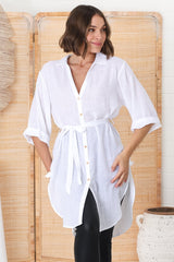 Rylee Tunic - Long Line Button Down Tunic in White