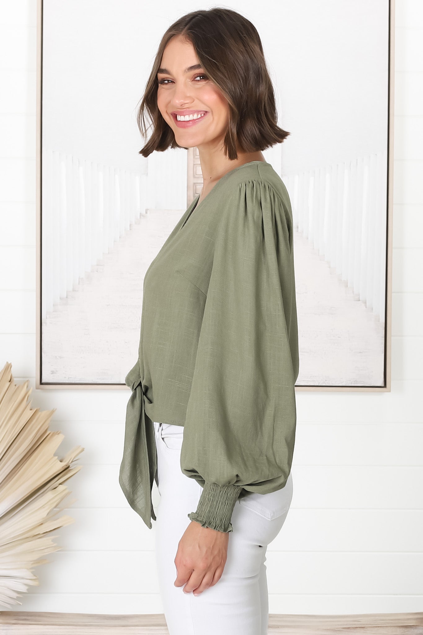 Amber Top - Button Down with Tie Detail Top in Green