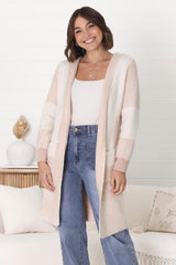 Cristo Cardigan - Colour Block Herringbone Open Knit with Balloon Sleeves in Pink