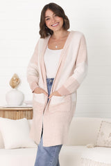 Cristo Cardigan - Colour Block Herringbone Open Knit with Balloon Sleeves in Pink