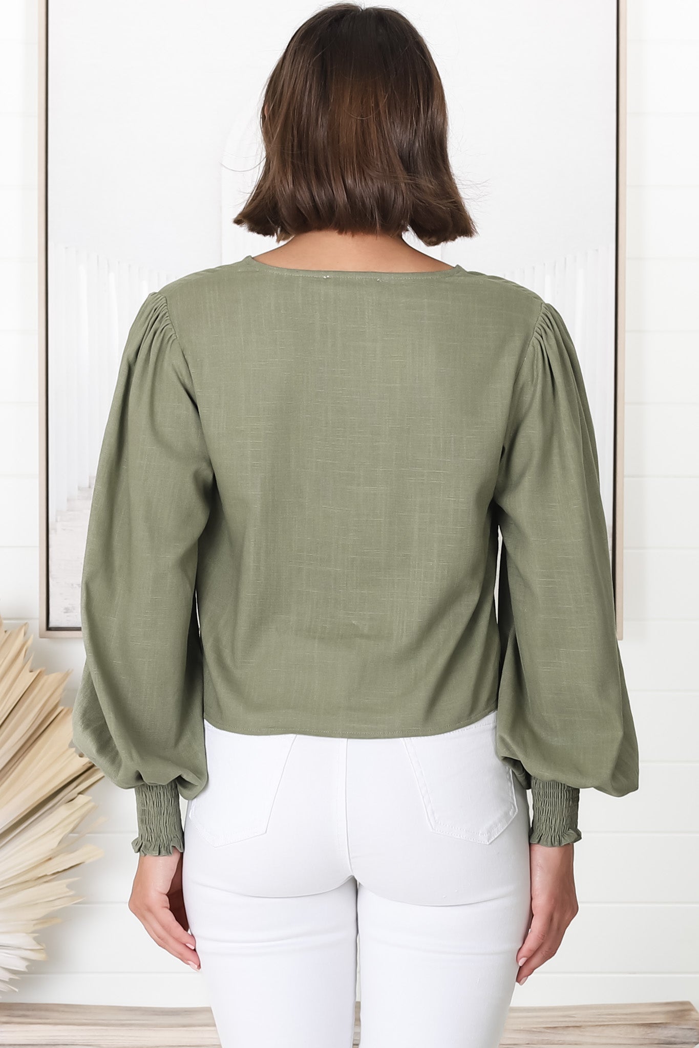 Amber Top - Button Down with Tie Detail Top in Green