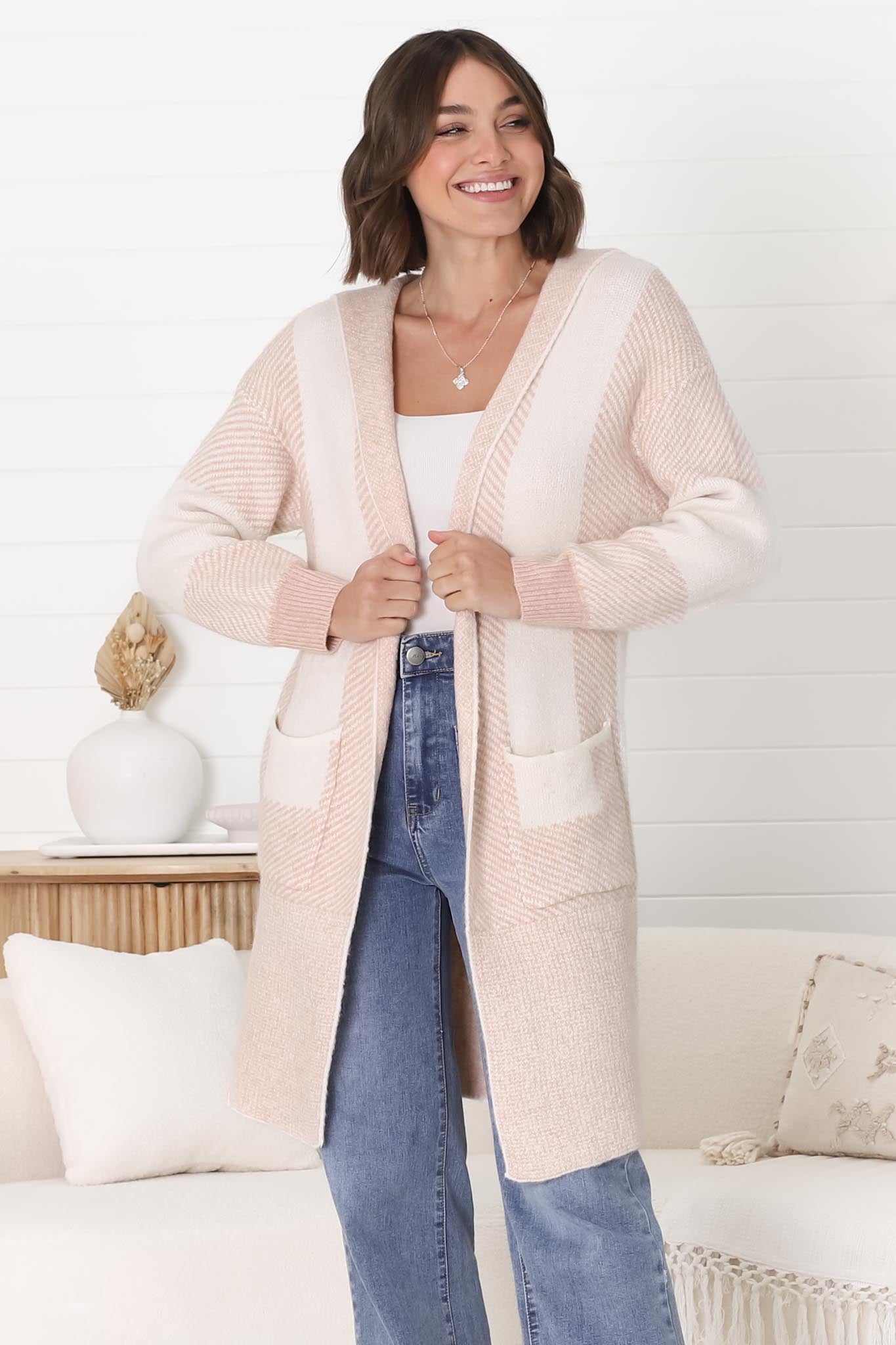 Cristo Cardigan - Colour Block Herringbone Open Knit with Balloon Sleeves in Pink