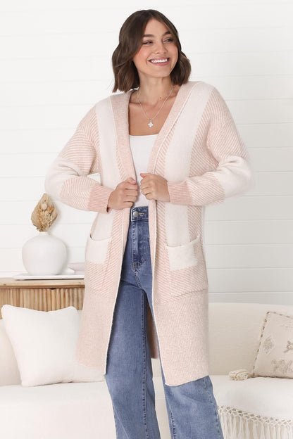 Cristo Cardigan - Colour Block Herringbone Open Knit with Balloon Sleeves in Pink