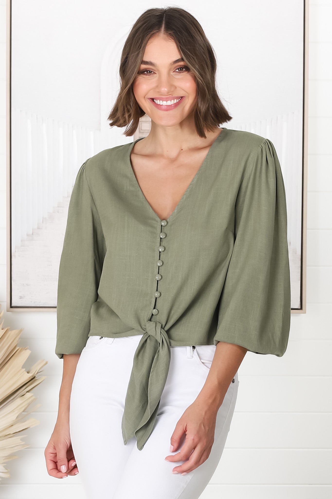 Amber Top - Button Down with Tie Detail Top in Green