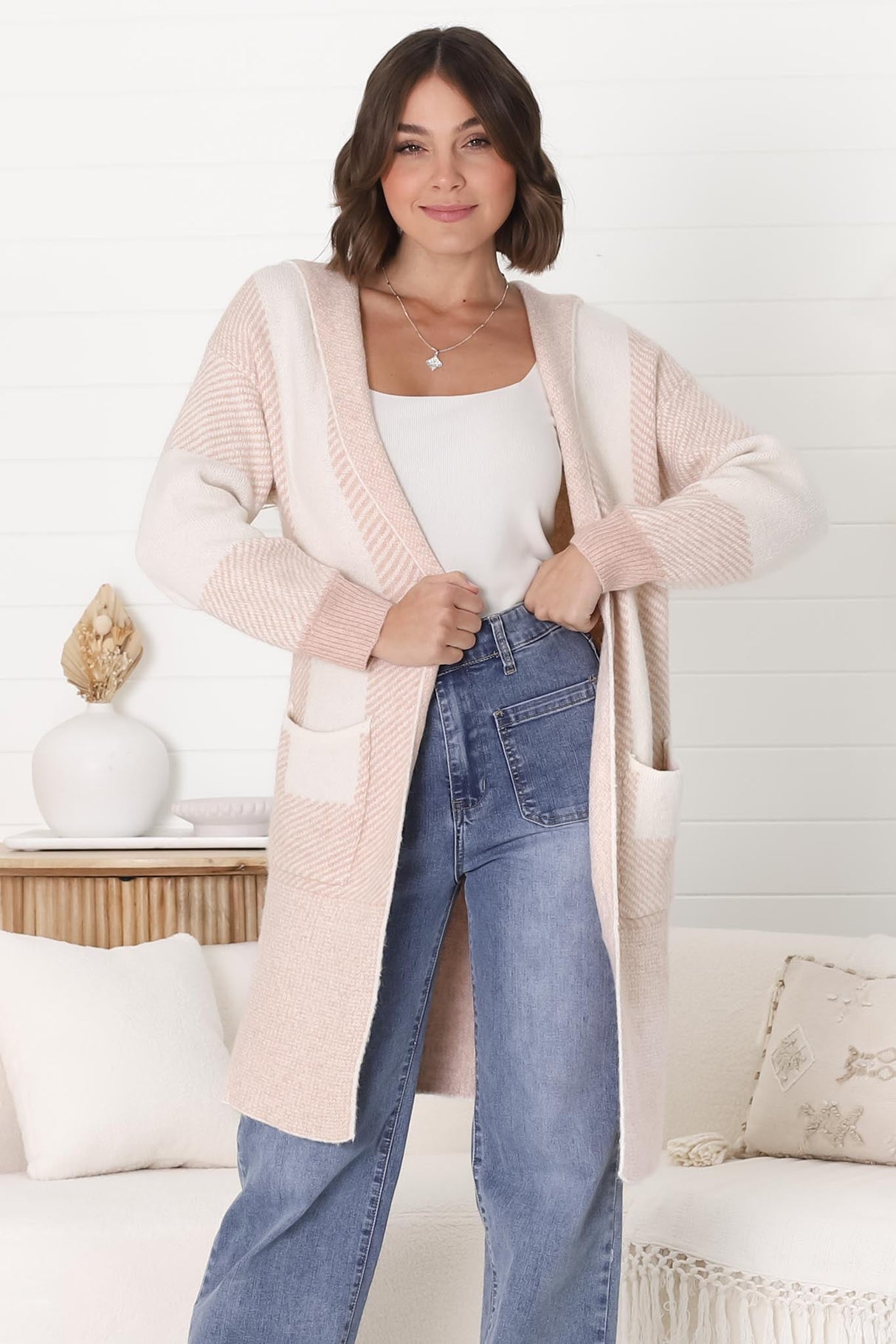 Cristo Cardigan - Colour Block Herringbone Open Knit with Balloon Sleeves in Pink