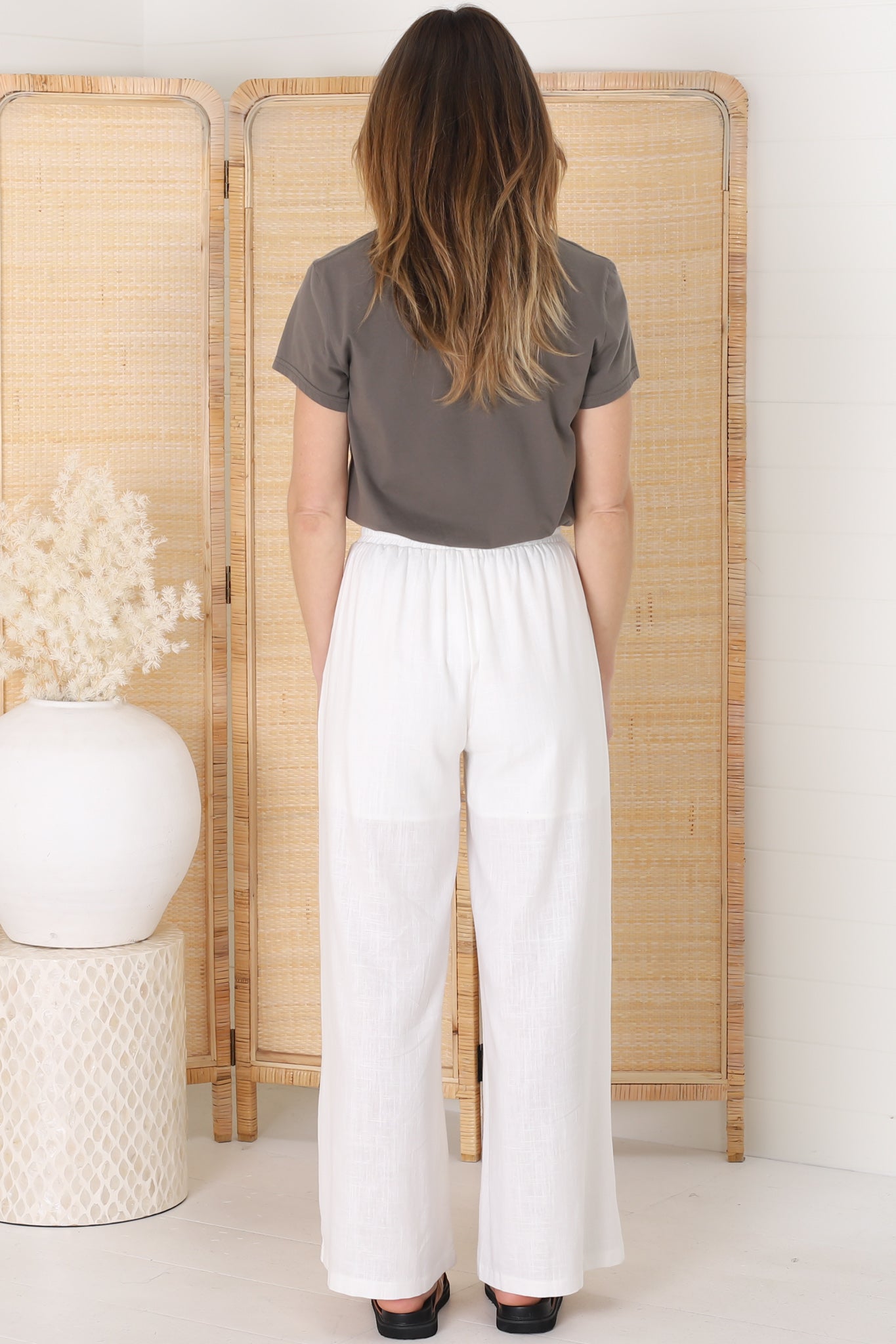 Leslie Linen Pants - Lined Linen Elasticated Waist Straight Leg Pants in White