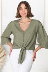 Amber Top - Button Down with Tie Detail Top in Green