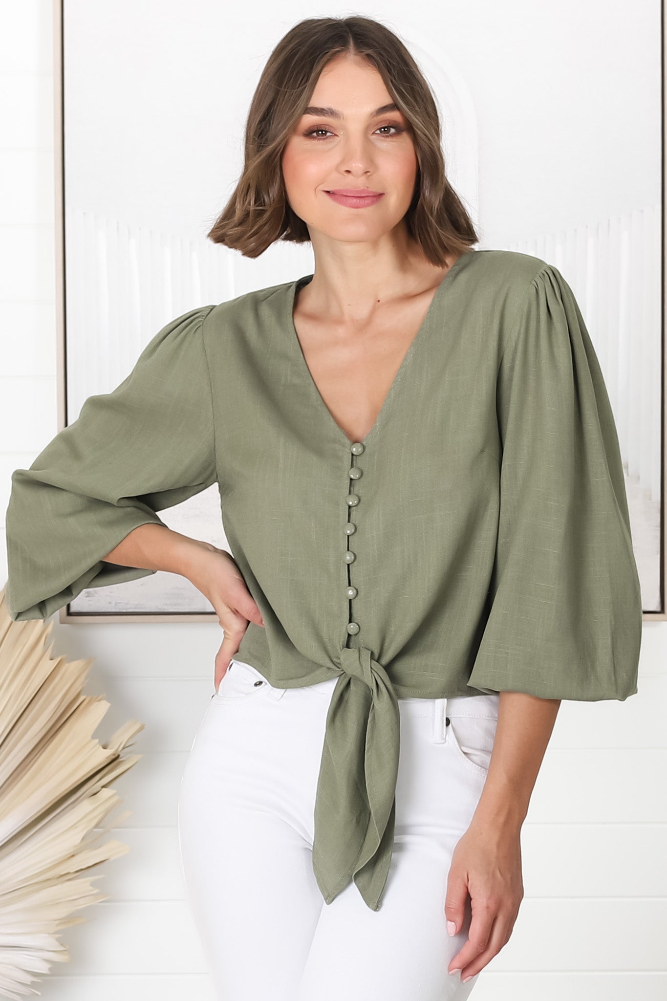 Amber Top - Button Down with Tie Detail Top in Green