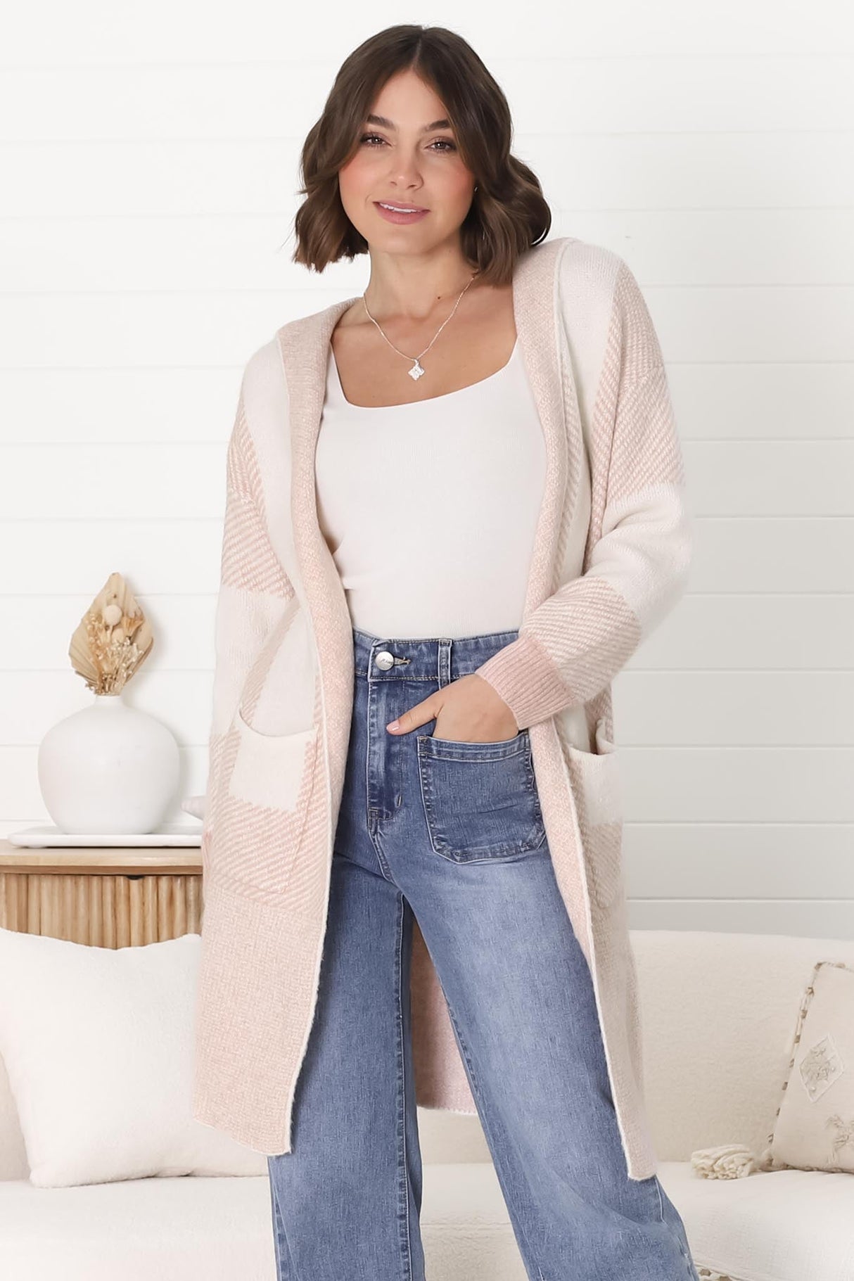 Cristo Cardigan - Colour Block Herringbone Open Knit with Balloon Sleeves in Pink