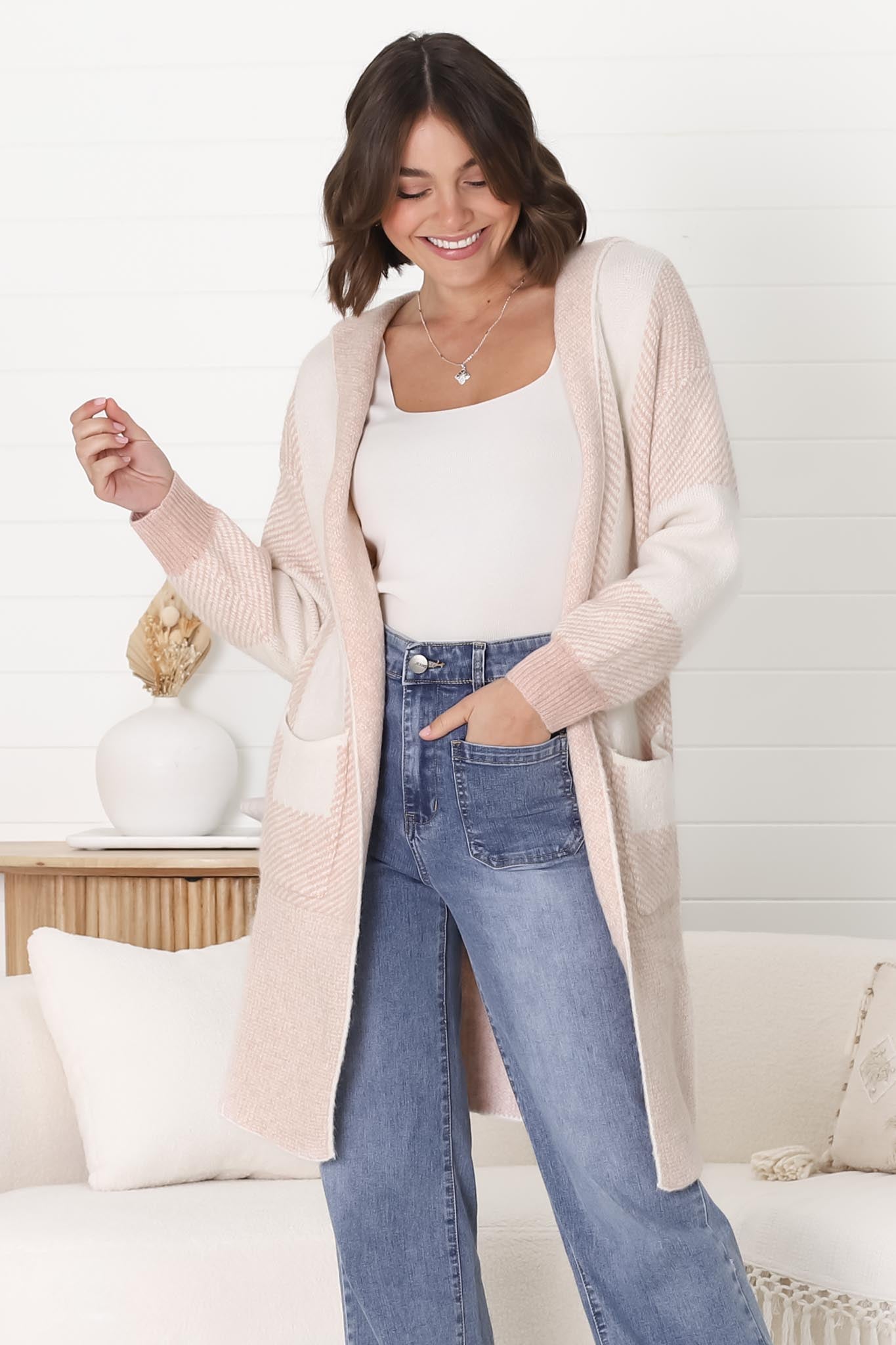 Cristo Cardigan - Colour Block Herringbone Open Knit with Balloon Sleeves in Pink