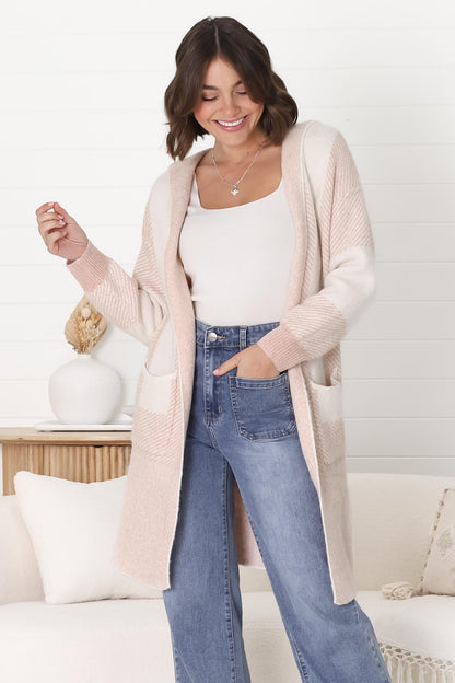 Cristo Cardigan - Colour Block Herringbone Open Knit with Balloon Sleeves in Pink