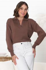 Jamerson Jumper - Collared V Neck Ribbed Hem Jumper in Brown