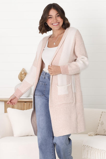 Cristo Cardigan - Colour Block Herringbone Open Knit with Balloon Sleeves in Pink