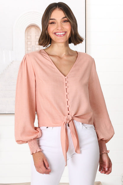 Amber Top - Button Down with Tie Detail Top in Blush