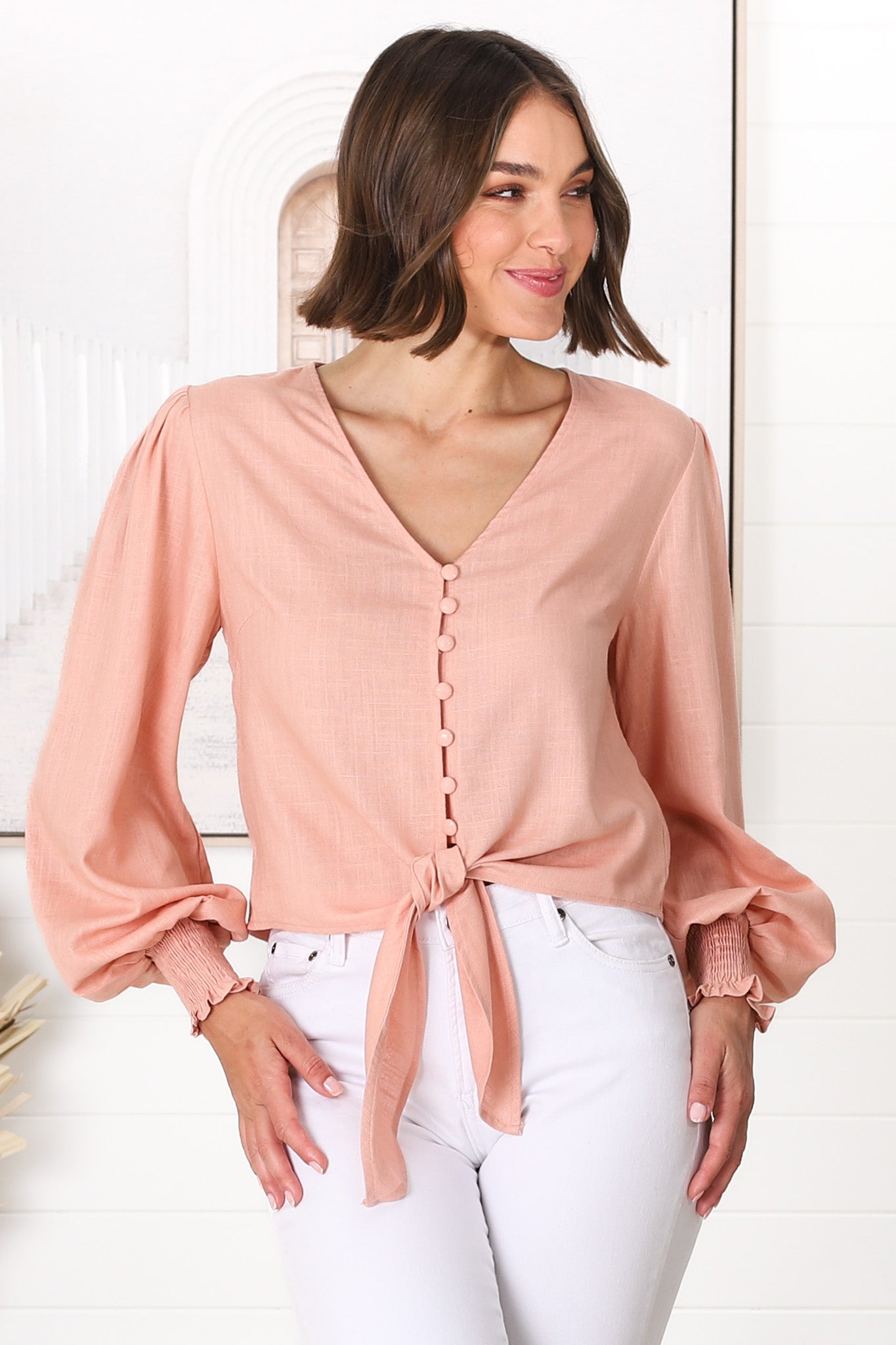 Amber Top - Button Down with Tie Detail Top in Blush