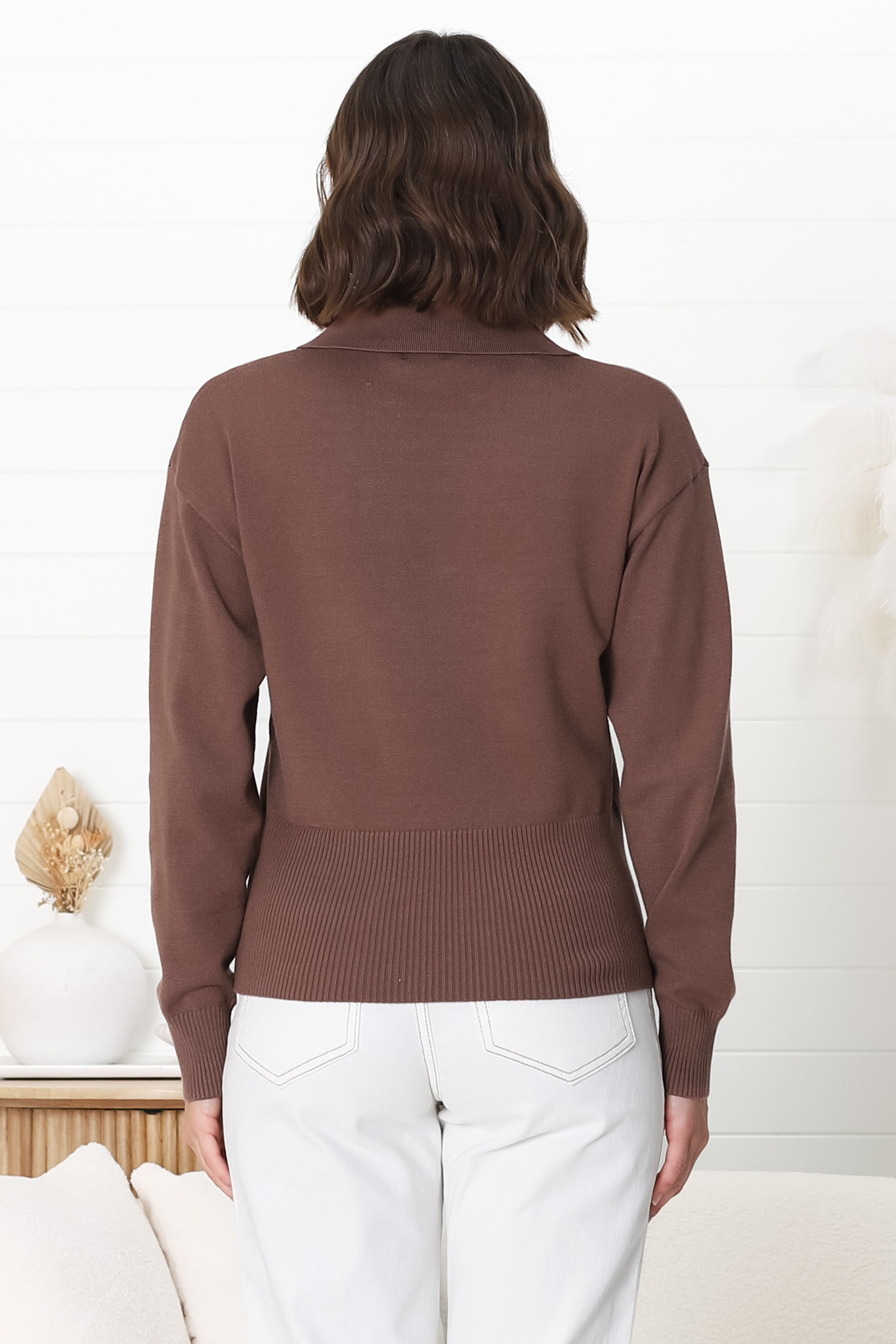 Jamerson Jumper - Collared V Neck Ribbed Hem Jumper in Brown