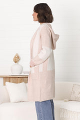 Cristo Cardigan - Colour Block Herringbone Open Knit with Balloon Sleeves in Pink