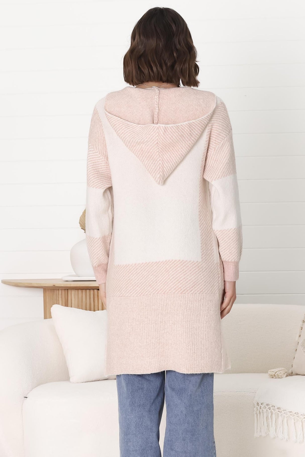 Cristo Cardigan - Colour Block Herringbone Open Knit with Balloon Sleeves in Pink