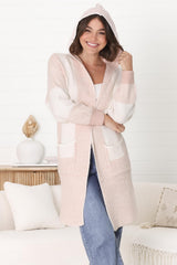 Cristo Cardigan - Colour Block Herringbone Open Knit with Balloon Sleeves in Pink