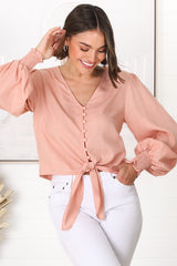 Amber Top - Button Down with Tie Detail Top in Blush