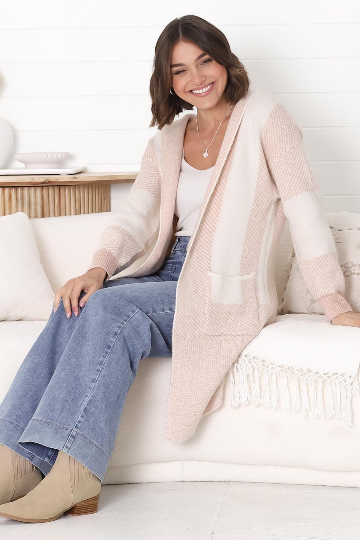 Cristo Cardigan - Colour Block Herringbone Open Knit with Balloon Sleeves in Pink