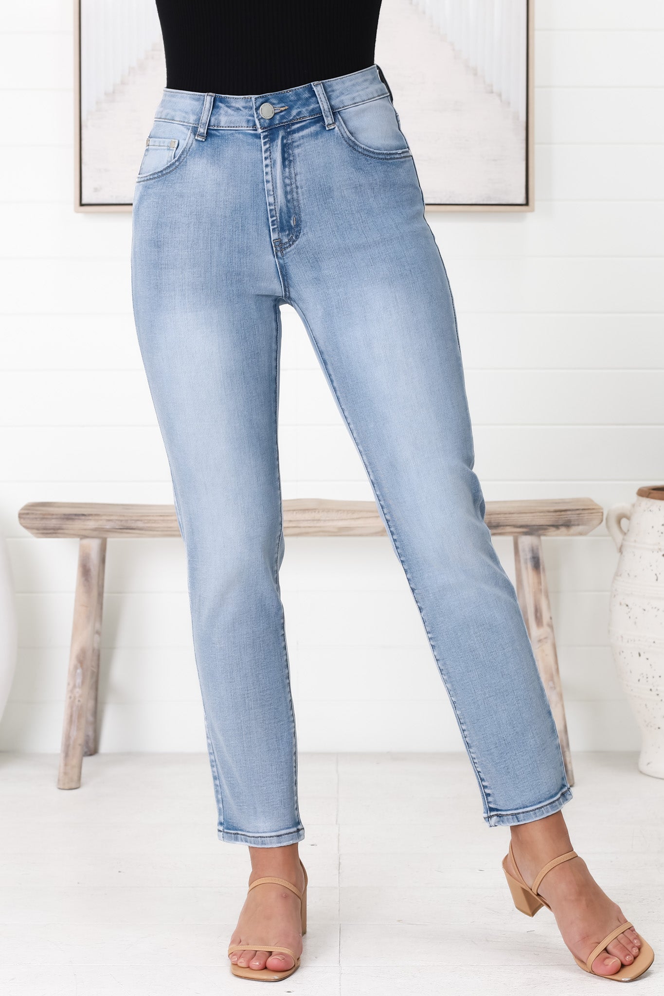 Stellan Jeans - High Waisted Girlfriend Jean in Mid Wash Denim