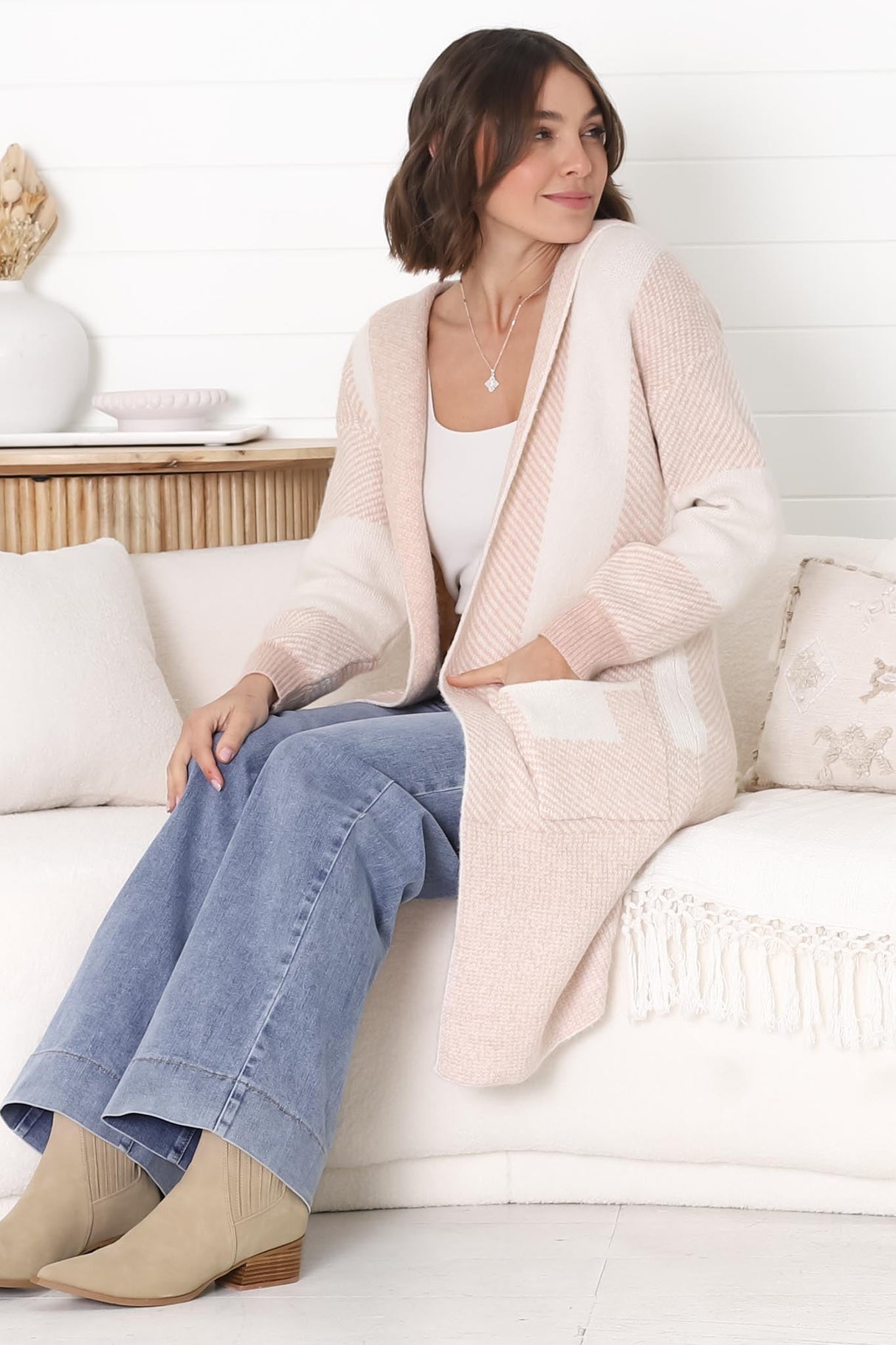 Cristo Cardigan - Colour Block Herringbone Open Knit with Balloon Sleeves in Pink