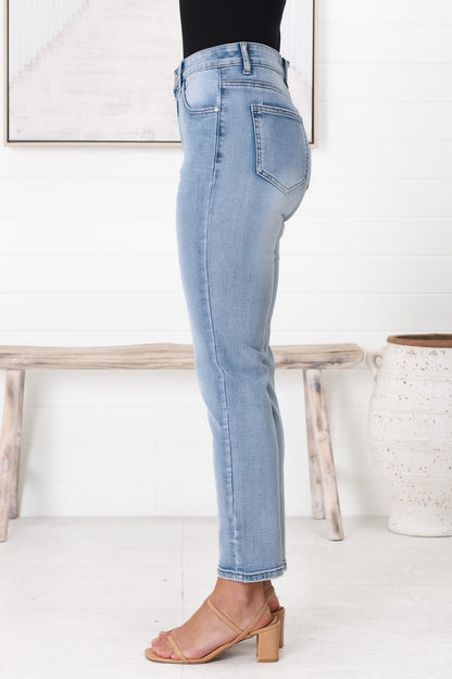 Stellan Jeans - High Waisted Girlfriend Jean in Mid Wash Denim