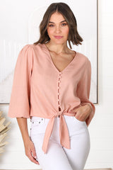 Amber Top - Button Down with Tie Detail Top in Blush