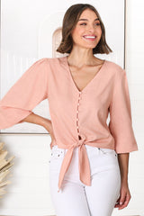 Amber Top - Button Down with Tie Detail Top in Blush