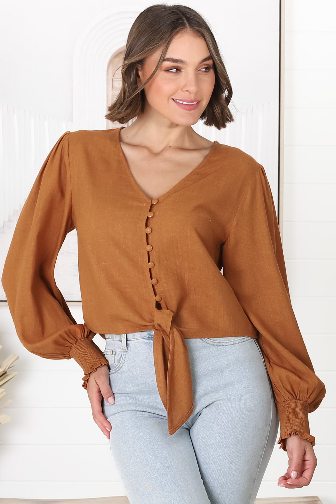 Amber Top - Button Down with Tie Detail Top in Rust