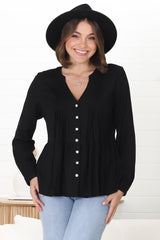 Marjorye Linen Blouse - Pleating Bodice Details Blouse With Long Sleeves In Black