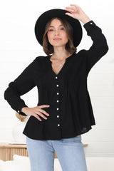 Marjorye Linen Blouse - Pleating Bodice Details Blouse With Long Sleeves In Black