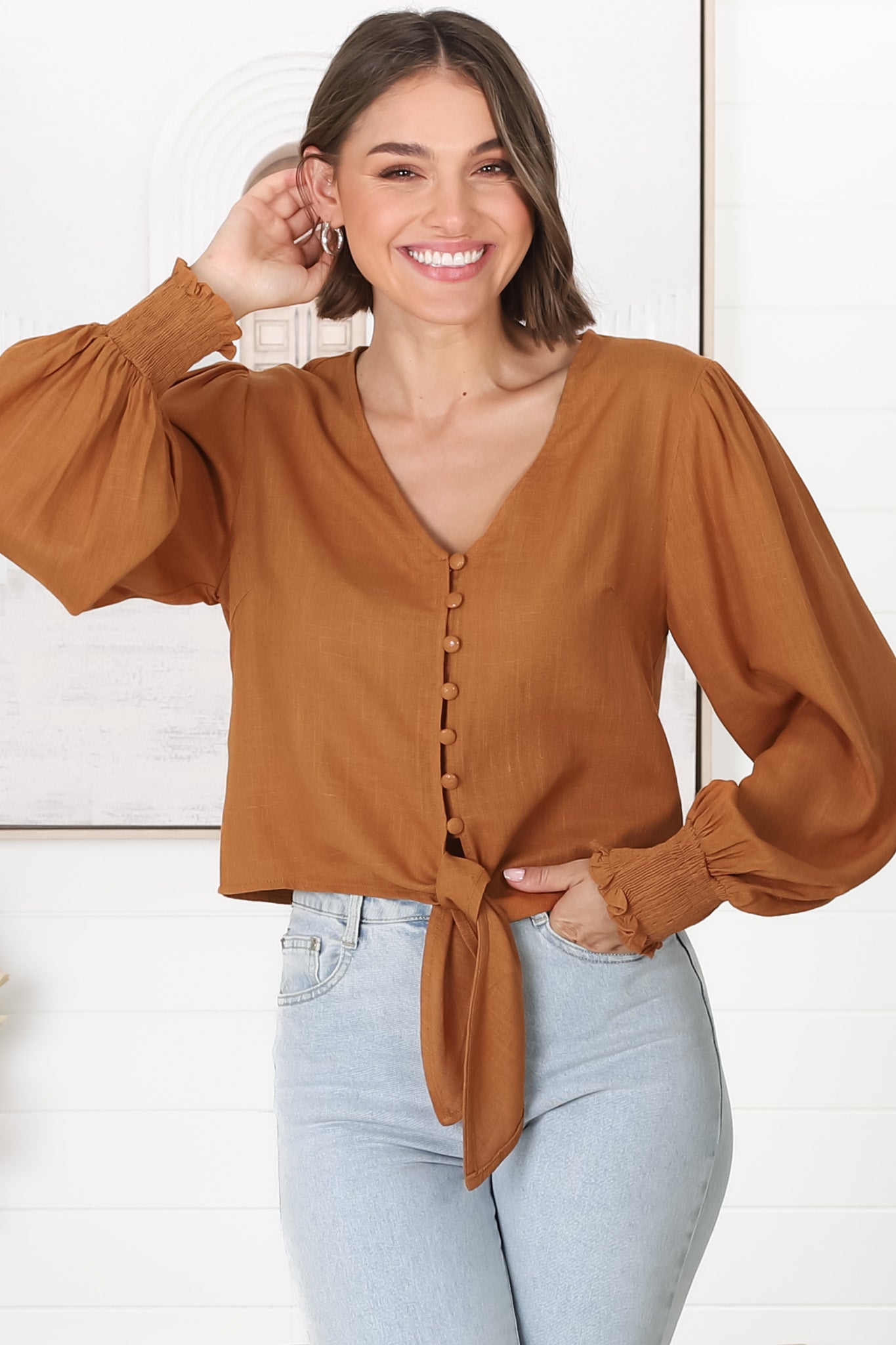 Amber Top - Button Down with Tie Detail Top in Rust