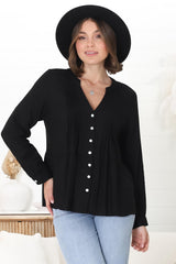 Marjorye Linen Blouse - Pleating Bodice Details Blouse With Long Sleeves In Black