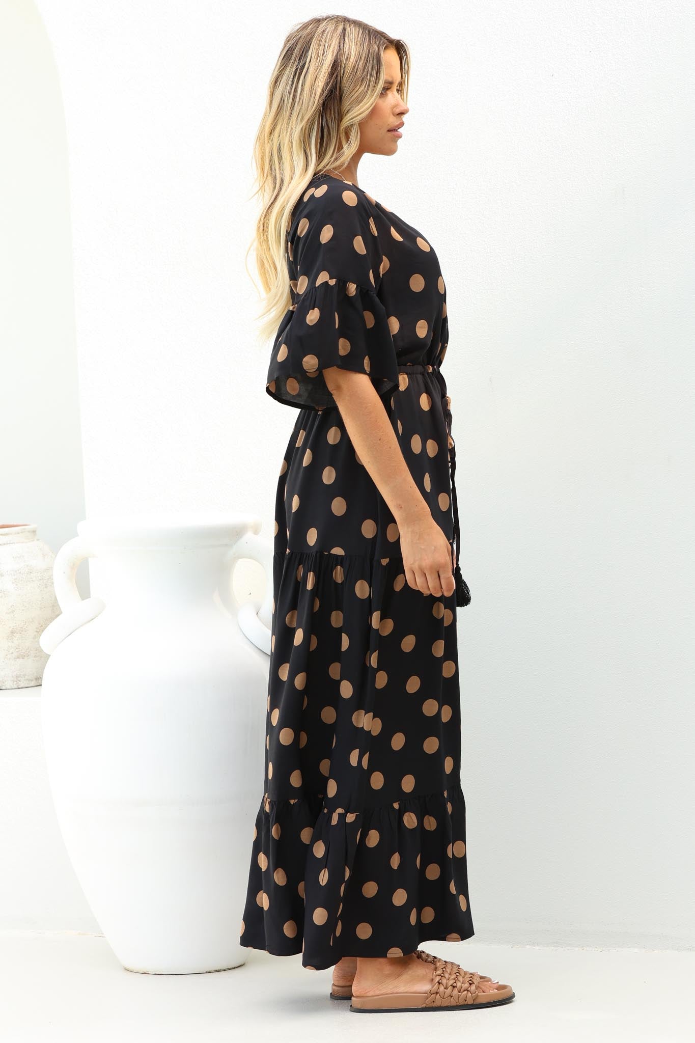 Rae Maxi Dress - Buttoned Bodice Pull Waist A Line Dress in Mahony Print