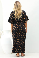 Rae Maxi Dress - Buttoned Bodice Pull Waist A Line Dress in Mahony Print