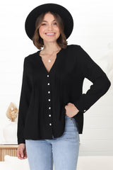 Marjorye Linen Blouse - Pleating Bodice Details Blouse With Long Sleeves In Black