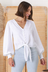 Amber Top - Button Down with Tie Detail Top in White