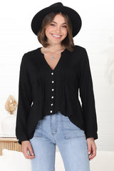 Marjorye Linen Blouse - Pleating Bodice Details Blouse With Long Sleeves In Black