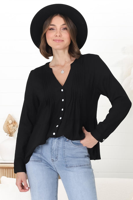 Marjorye Linen Blouse - Pleating Bodice Details Blouse With Long Sleeves In Black