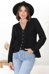 Marjorye Linen Blouse - Pleating Bodice Details Blouse With Long Sleeves In Black