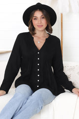 Marjorye Linen Blouse - Pleating Bodice Details Blouse With Long Sleeves In Black