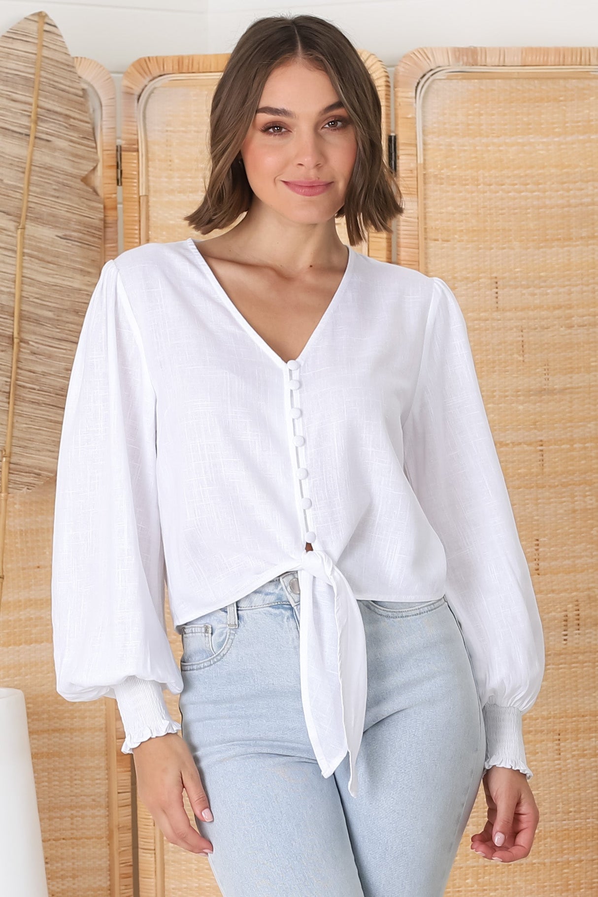 Amber Top - Button Down with Tie Detail Top in White